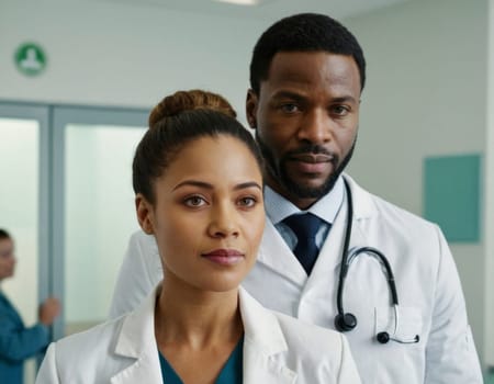 Image of African American male and female doctors in a hospital interior. AI generation