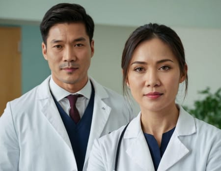 Image of Asian male and female doctors in hospital interior. AI generation