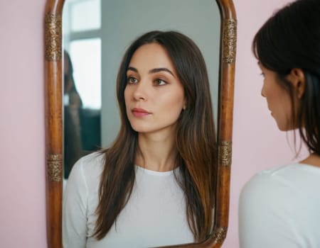 Image of a young European woman looking into a mirror. AI generation