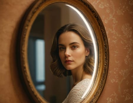 Image of a young woman looking into an oval mirror. AI generation