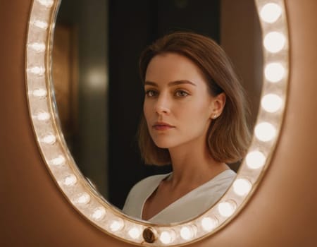 Image of a young woman looking into an oval mirror. AI generation