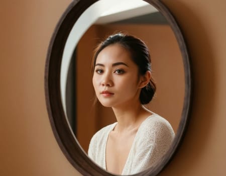 Image of a young Asian woman looking into an oval mirror. AI generation