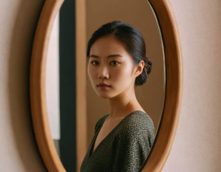 Image of a young Asian woman looking into an oval mirror. AI generation