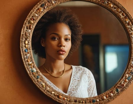 Image of a young African American woman looking into a round mirror. AI generation