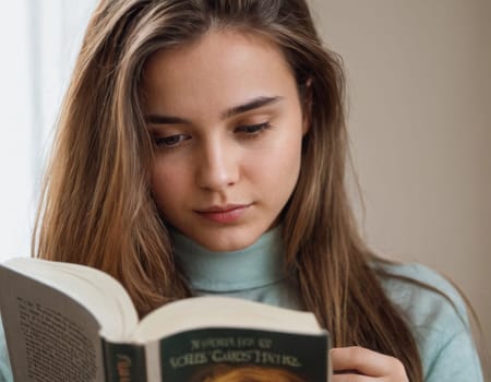 A young girl is reading a book. AI generation