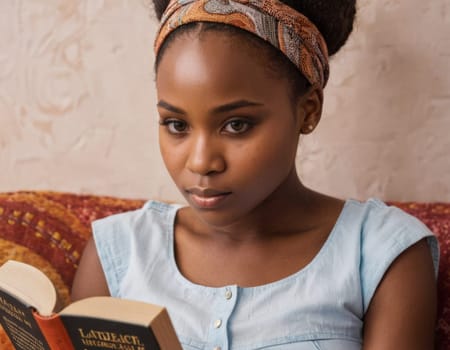 Young African American girl reading a book. AI generation