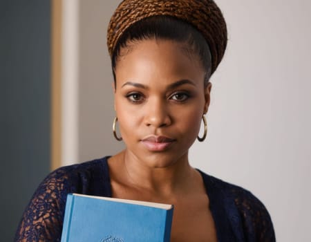 African American woman reading a book. AI generation