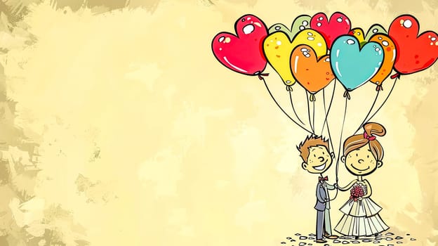 Illustration of a happy cartoon couple holding hands with colorful heart-shaped balloons