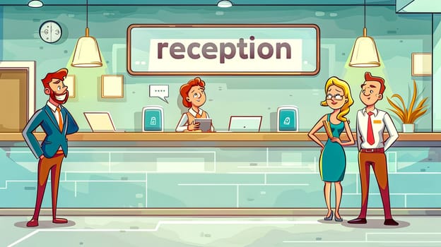 Colorful illustration of animated characters in a hotel lobby with a reception desk