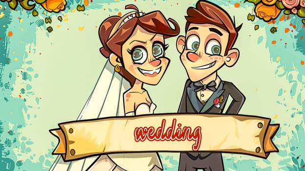 Vibrant illustrated wedding banner featuring a happy cartoon couple in bridal attire on a decorative background