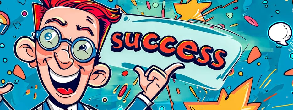 Animated male character with a beaming smile presenting a 'success' banner amidst colorful confetti