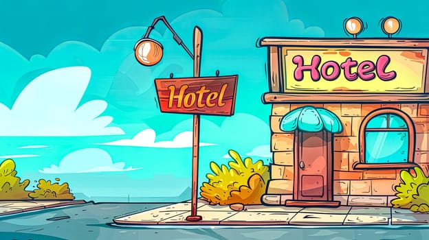 Bright and colorful illustration of a charming cartoon hotel with a coastal backdrop