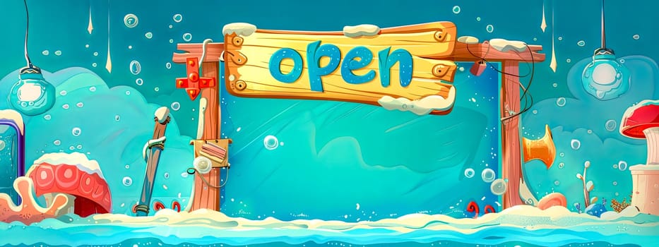 Vibrant underwater cartoon panorama with an 'open' sign, diverse marine life and whimsical details