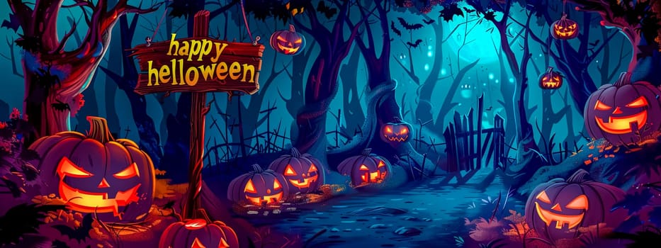 Spooky halloween night background with glowing pumpkins and eerie woods
