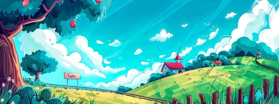 Vibrant illustration of a charming rural landscape under a bright blue sky