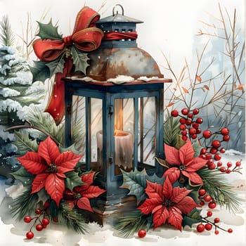 A festive Christmas ornament featuring a glowing lantern with a candle surrounded by beautiful red poinsettia flowers, adding a touch of botany and elegance to your Christmas decoration
