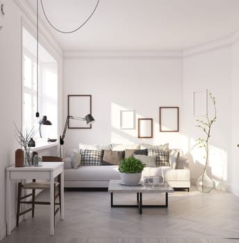compact scandinavian style living room design. 3d rendering concept