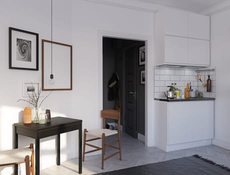 compact scandinavian style kitchen design. 3d rendering concept