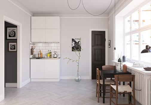 compact scandinavian style kitchen design. 3d rendering concept