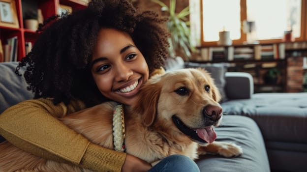 happy people at home with favorite pet , love and friendship of human and animal pragma