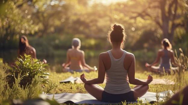 Group of people practicing yoga in a peaceful natural setting as the sun sets, creating a tranquil atmosphere. Resplendent.