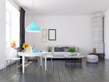 Scandinavian style living room design. 3d rendering concept