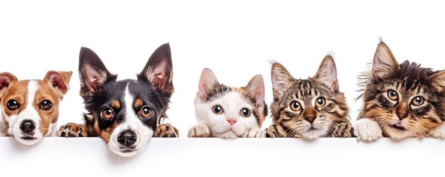 The picture of front view and close up of the multiple group of the various cat and dog in front of the bright white background that look back to the camera with the curious and interest face. AIGX03.