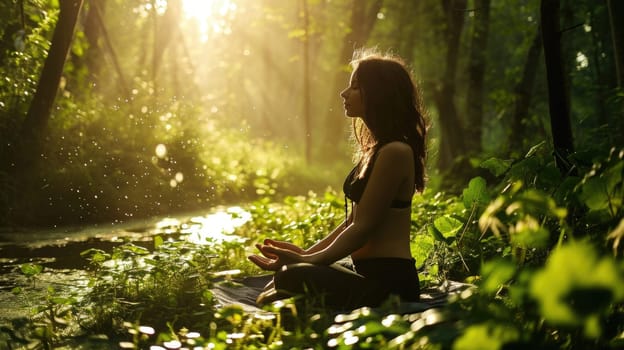 The picture of the young or adult female human doing the yoga pose for relaxation or meditating the mind in the middle of the nature under the bright sun in the daytime of a dawn or dusk day. AIGX03.