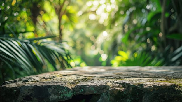 The focused picture of the stone object that surrounded by an uncountable amount of tree in the middle of the forest under the bright light from the bright sun in the daytime of the summer. AIGX03.