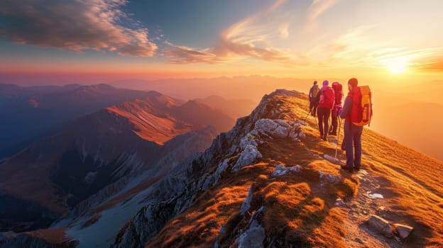 A group of friends on a hiking adventure, panoramic mountain views, capturing the spirit of friendship and exploration. Resplendent.