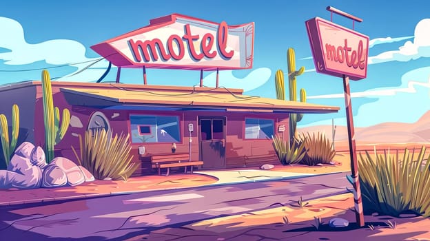 A colorful and nostalgic illustration of a retro desert motel with vintage signage. Cactus. And a sunny sky