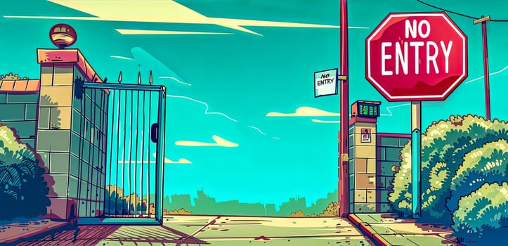 Vibrant comic book-style artwork depicting a secured entrance with a clear no entry sign