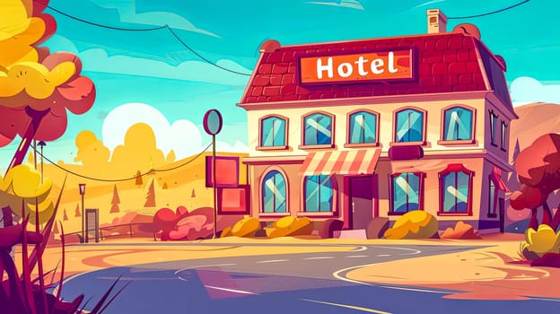 Vibrant digital illustration of a charming hotel in a whimsical, colorful small town landscape
