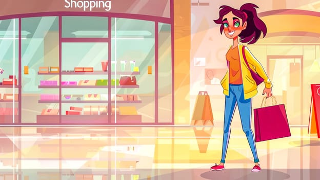 Cheerful animated woman with shopping bags strolling through a vibrant mall interior