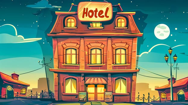 Illustrated vintage hotel building against a twilight sky with a full moon