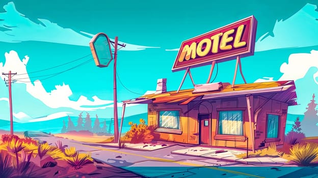 Colorful illustration of a retro motel with a classic sign under a bright sky