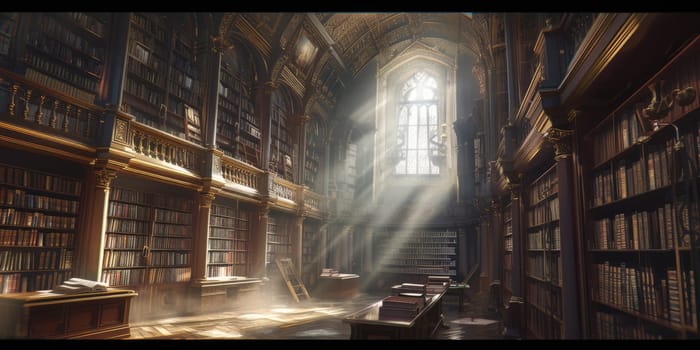 An ancient library filled with magical books, glowing orbs, and mystical artifacts. Shelves reach up to a high, vaulted ceiling, with soft light filtering through stained glass windows. Resplendent.