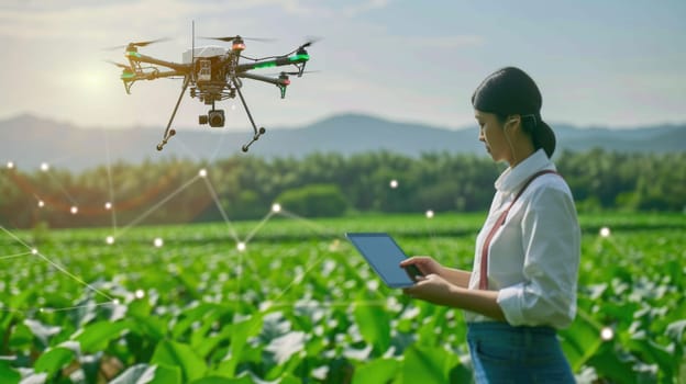 A woman is operating an aircraft in a grassy field, controlling it with a tablet amidst a beautiful natural landscape. AIG41