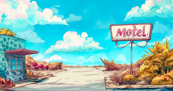 Colorful and sunny retro motel cartoon illustration with vintage roadside sign and nostalgic comic style art. Depicting a peaceful and deserted outdoor landscape with nature. Bushes. And cloudy sky