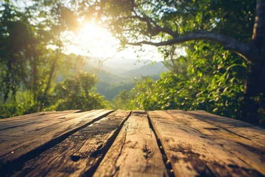 The picture of the wood table in the middle of the forest that surrounded with an uncountable amount of tree and plant in the forest with a bright light from the brightest sun of the daytime. AIGX03.