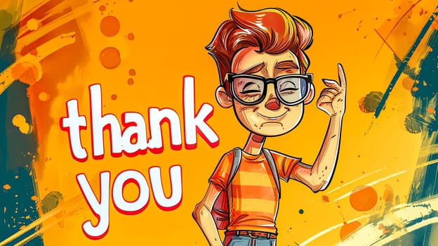 Stylized cartoon illustration of a cool boy gesturing thank you with a retro backdrop