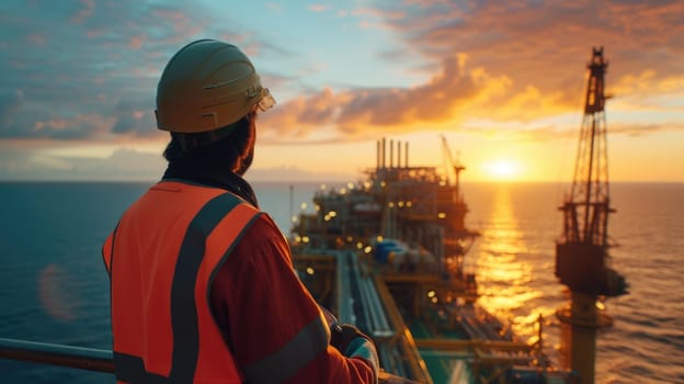 A man, wearing a helmet and standing on an oil rig, gazes at the sunset over the water, admiring the serene sky and clouds. AIG41