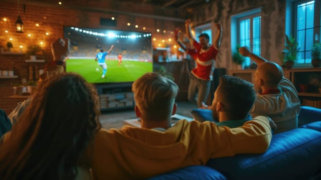 A group of fans enjoying a soccer match on a couch, captivated by the television, football TV experiencing the fun and entertainment of the world favorite sport. AIG41