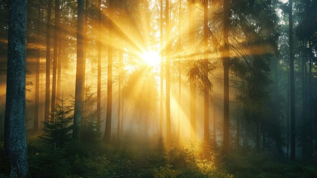 Misty Forest Sunrise. Golden sunrise rays filter through the mist in a dense forest. Resplendent.