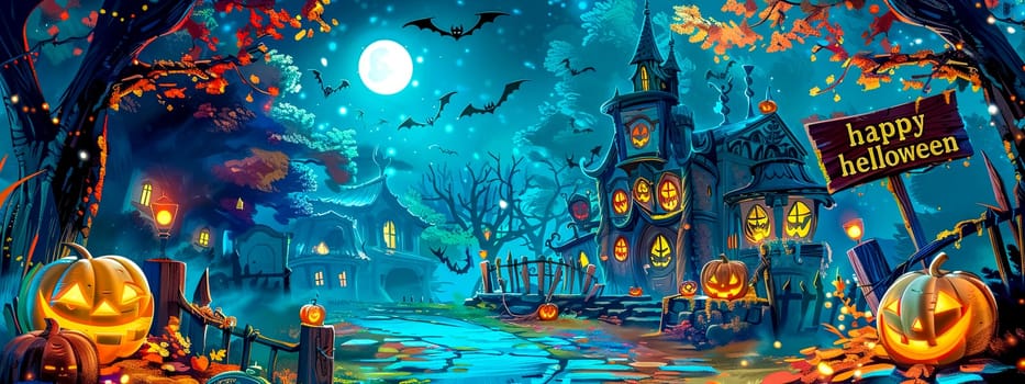 Vibrant and enchanting halloween night scene with haunted house. Spooky pumpkins. Eerie bats. And a full moon in autumn fantasy cartoon illustration