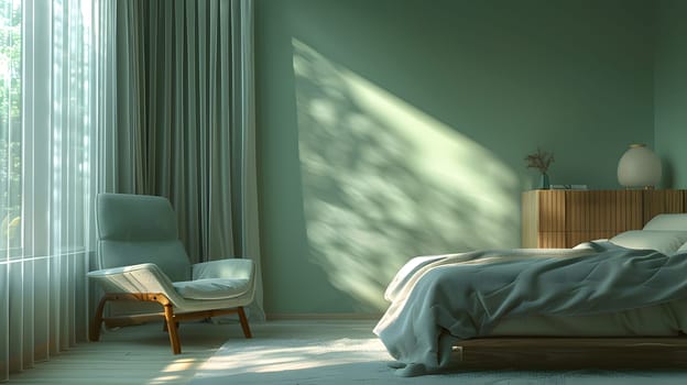 A bedroom in a house with hardwood floors, green walls, a comfortable bed, a wooden chair, and a window covered by shades and curtains for added privacy