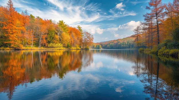 Vibrant fall foliage reflects on the still waters of a forest lake, creating a tapestry of autumn colors in a tranquil natural setting. Resplendent.