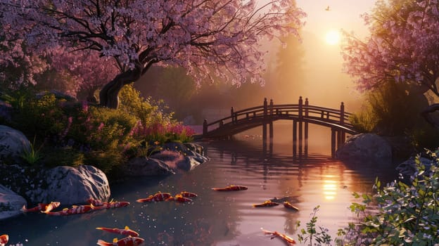 A serene Zen garden at sunrise, with a gently flowing stream, cherry blossoms in full bloom, and a quaint wooden bridge. Resplendent.