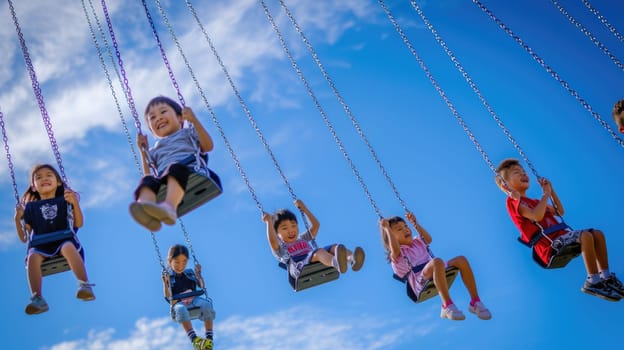 A joyful event of leisure and fun as a group of children travel through the sky on electric blue swings, happily sharing the experience in the clouds. AIG41