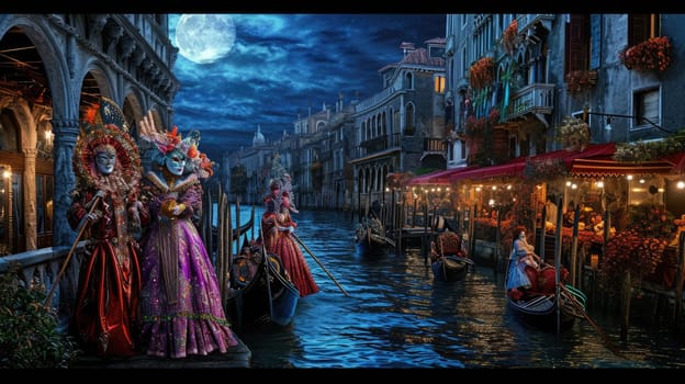 A grand Venetian carnival scene, elaborate masks and costumes, gondolas on the canal under moonlight. Resplendent.